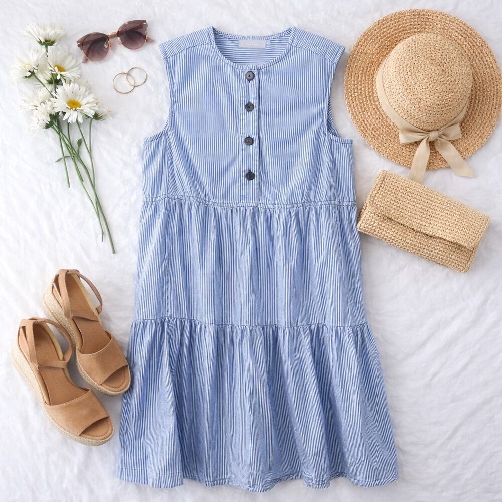 EVERLANE The Tiered Midi Dress Blue White Stripe Sleeveless 100% Cotton Small - Picture 7 of 7